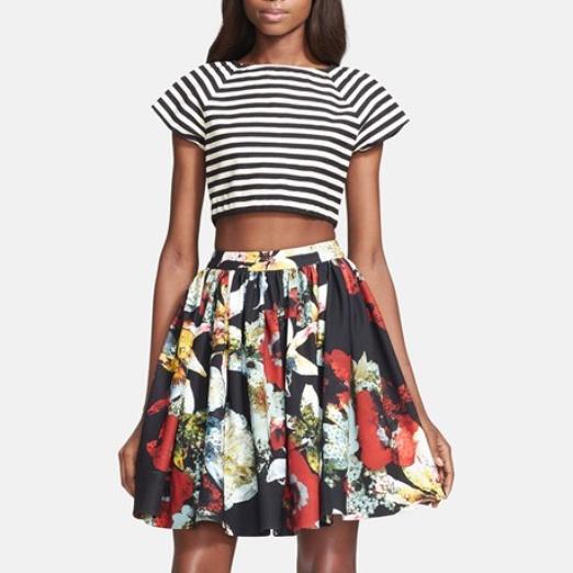 alice + olivia connely stripe crop top and pia print flared skirt