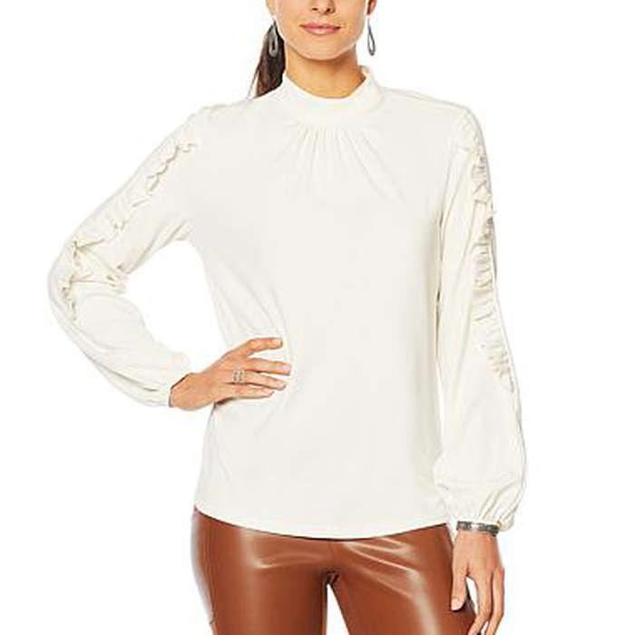G By Giuliana Stretch Crepe Mock-Neck Top With Ruffle Sleeve