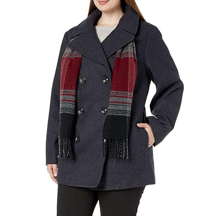 London Fog Plus-Size Double Breasted Peacoat With Scarf