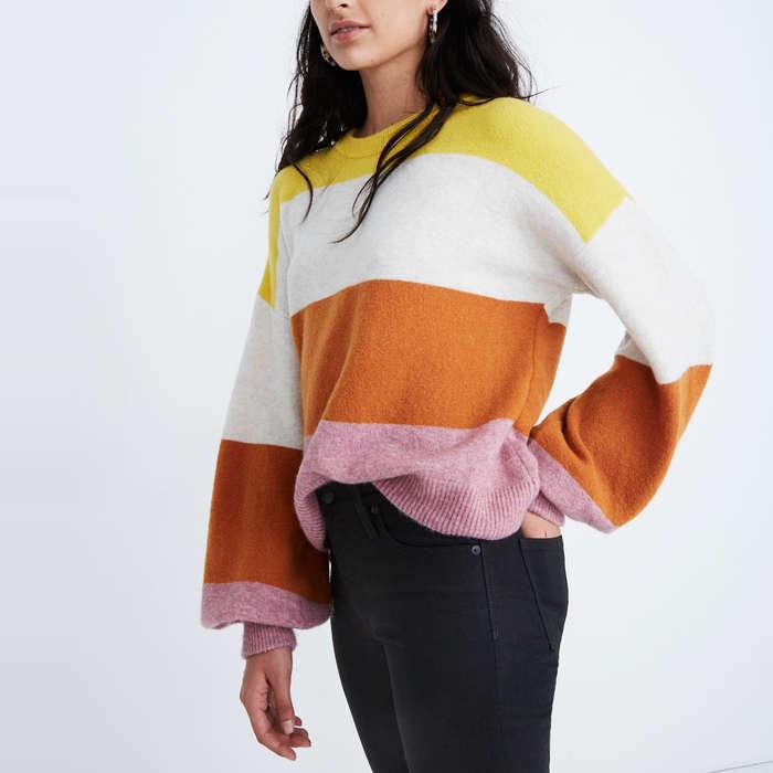 Madewell Striped Gladwell Balloon-Sleeve Pullover Sweater