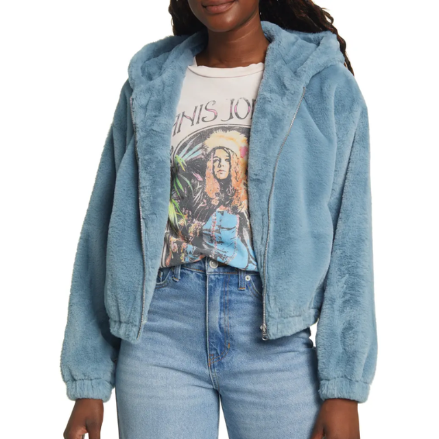 SO ME Faux Fur Sherpa Pull Jacket with Floral Contrast