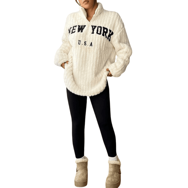 SHEIN EZwear 2Pcs/Set Women Letter Print Zip-Up Fleece Sweatshirt And Pants