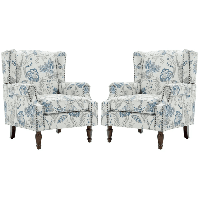Bed Bath & Beyond 2 Set Transitional Patterned Wingback Accent Chairs With NailHead