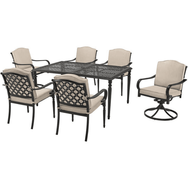 Hampton Bay Laurel Oaks 7-Piece Dark Brown Steel Outdoor Patio Dining Set with CushionGuard Putty Cushions