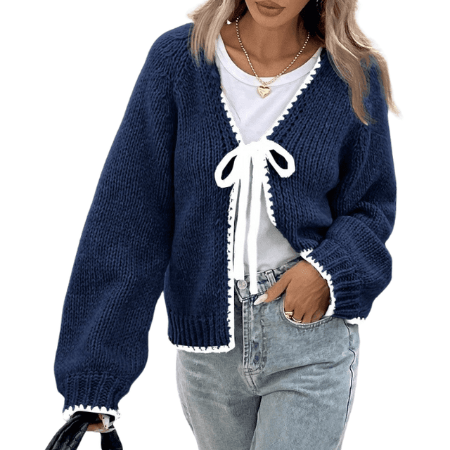 Serisse Contrast Trim Knot V-Neck Long Sleeve Cardigan
