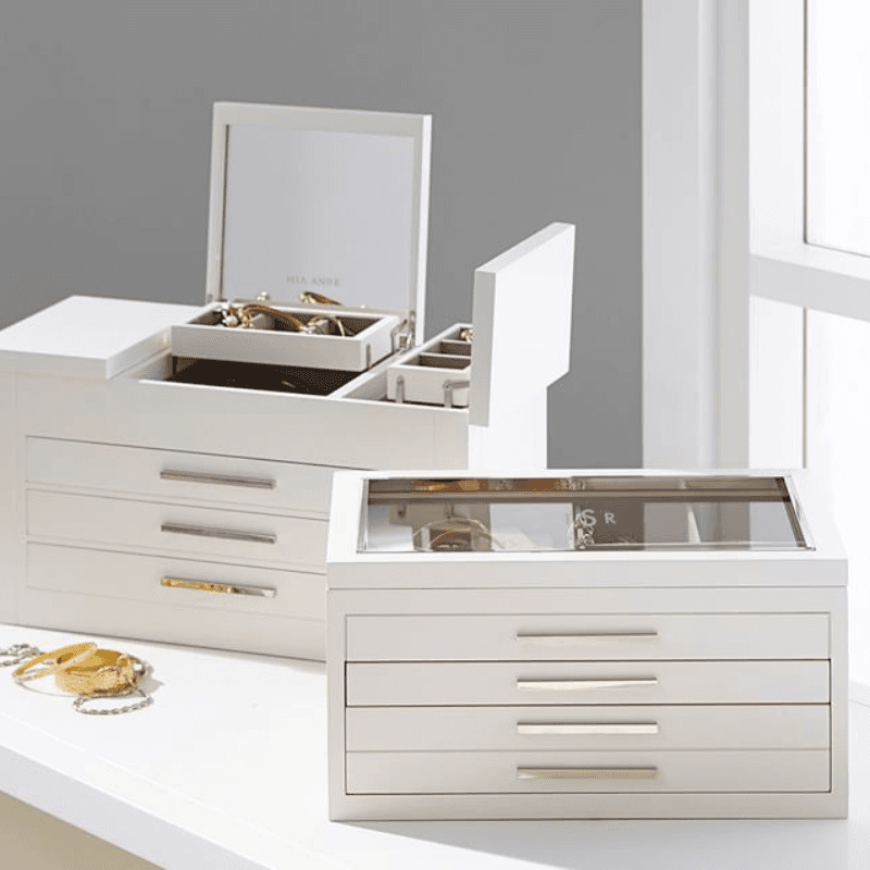 Jewelry Organizer, Rattan Jewelry Box, 5 Layer Wooden Jewelry Organizer Box  with Mirror, Jewelry Boxes with 4 Drawers for Women Men, Black Jewelry