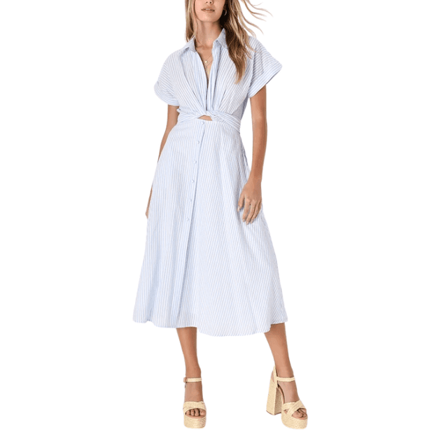 Lulus Adorable Impression White and Blue Midi Dress With Pockets