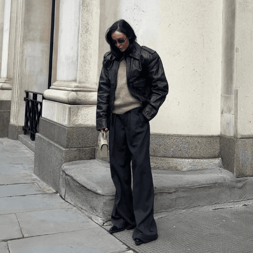 Sweater and leather jacket on sale