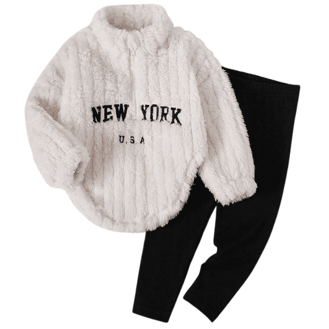 SHEIN 2Pcs Baby Girl Knitted Solid Color Fleece Hoodie And Leggings Set Fall Winter