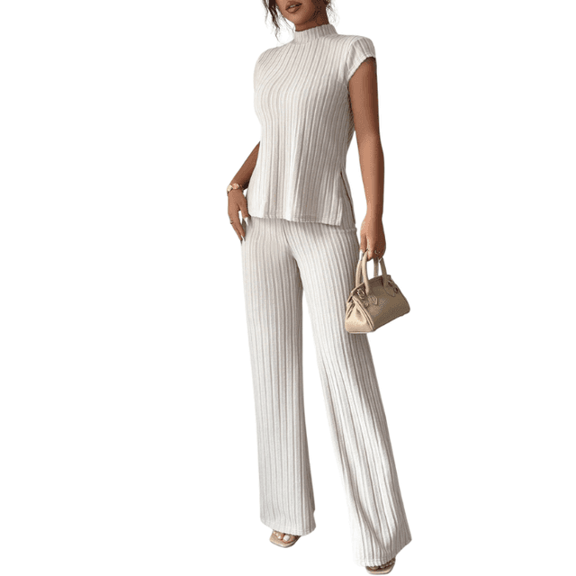 Elenzga 2Pcs Casual Elegant Set: Short Sleeve Ribbed Top & Pants