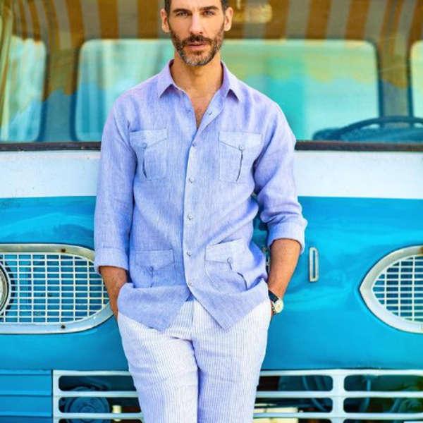 Navy Long Sleeve Shirt with Linen Pants Outfits For Men After 50