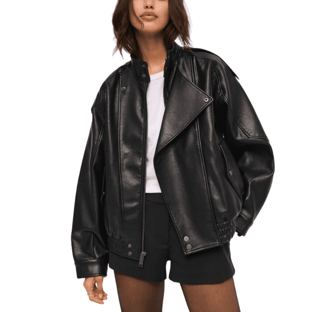 Relaxed Mockneck Vegan Leather Bomber Jacket