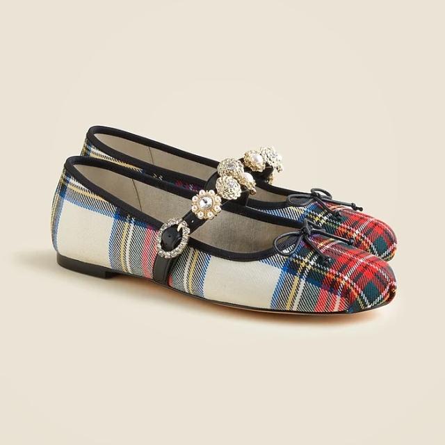 J.Crew Logan embellished Mary Jane ballet flats in tartan
