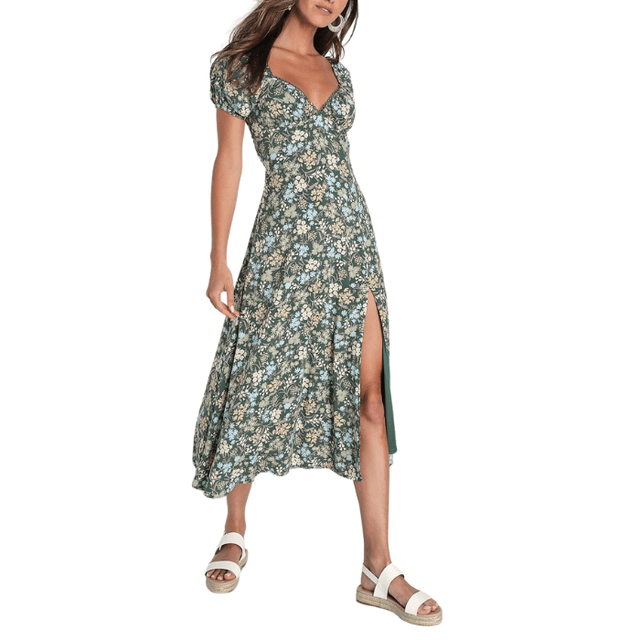 Lulus Meadow Muse Floral Tie-Back Puff Sleeve Midi Dress