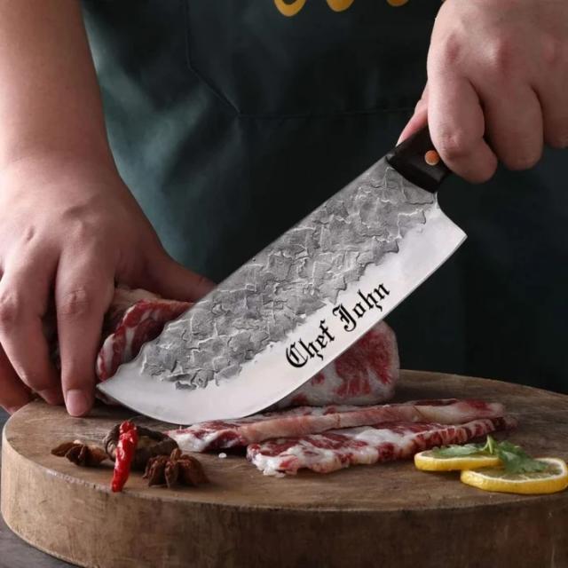 XOXOKeepsakes Forged CHEF Butcher KNIFE Personalized Name Custom Engraved Meat Cleaver Cooking Kitchen Gifts for Him Her Dad Cooking school Grad 7" Blade