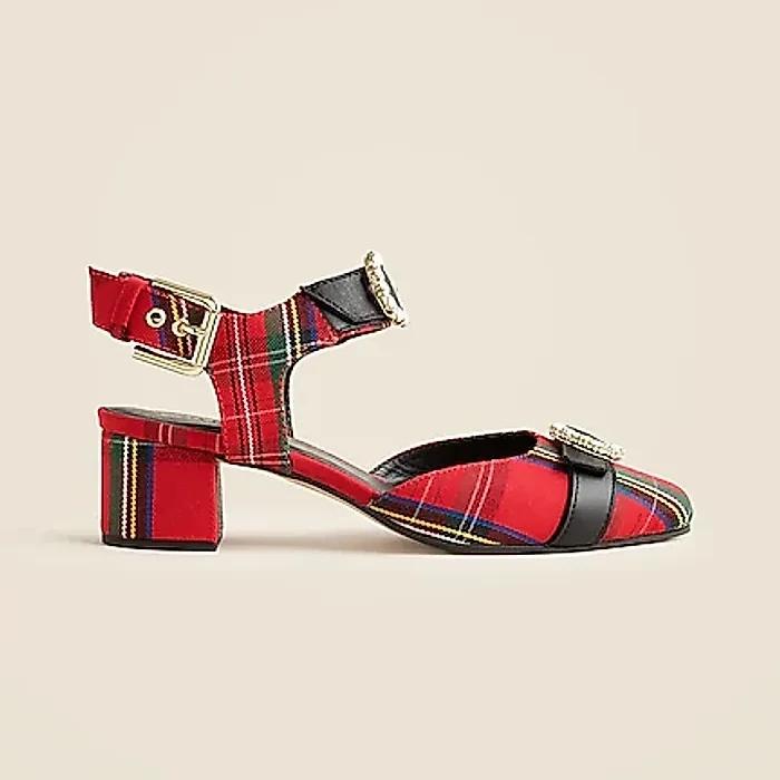 J.Crew Mollie buckle-strap heels in Good Tidings plaid