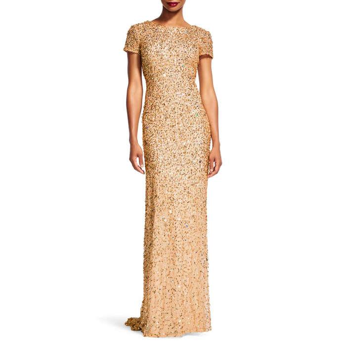 Adrianna Papell Short Sleeve Sequin Mesh Gown