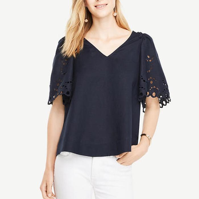 Ann Taylor Embroidered Sleeve Top
