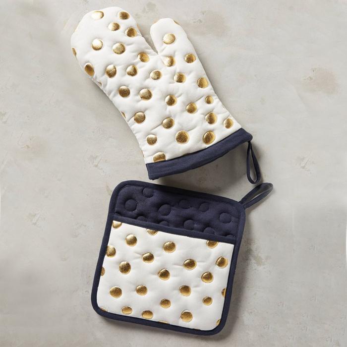 Anthropologie Gold Polka Dotted Pot Holder and Oven Mitt
