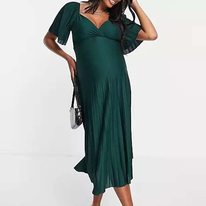 ASOS Design Maternity Pleated Twist Back Cap Sleeve Midi Dress In Forest Green