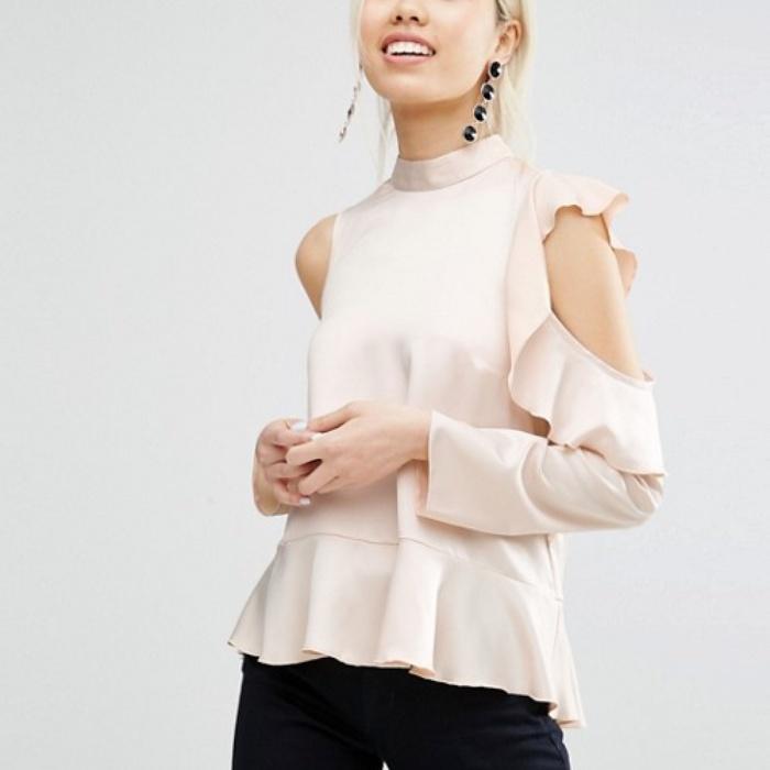 ASOS Satin Ruffle Top with Cold Shoulder