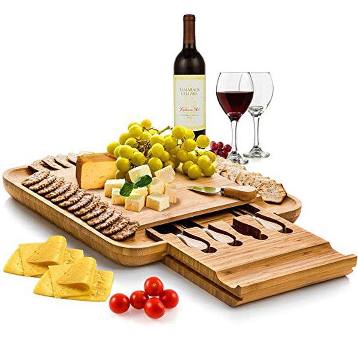 Bambüsi Bamboo Cheese Board & Cutlery Set with Slide-Out Drawer
