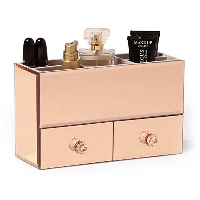 Beautify Small Mirrored Rose Gold Glass Jewelry Box and Cosmetic Makeup Organizer