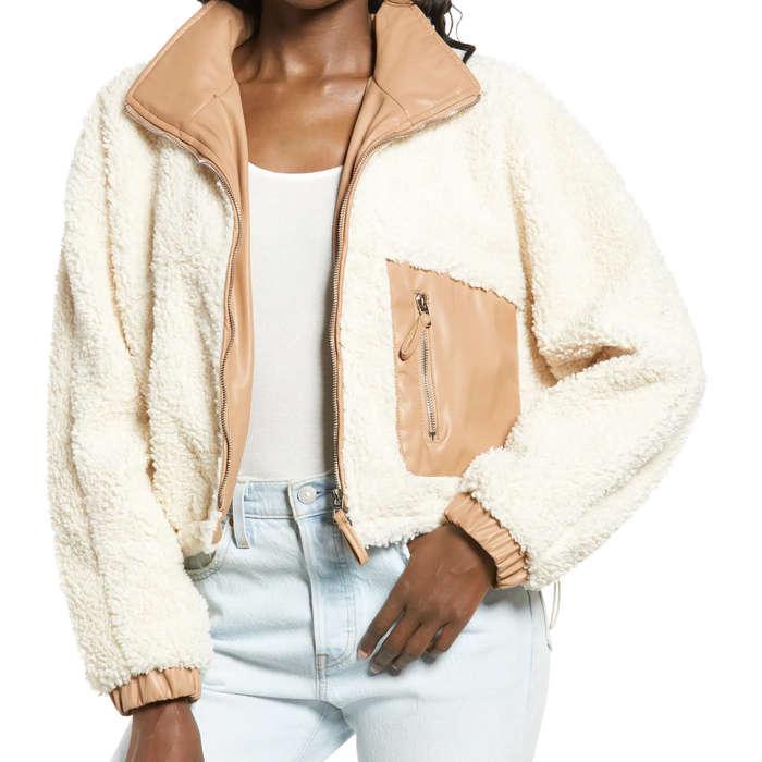 BLANKNYC Faux Shearling with Faux Leather Trim Bomber Jacket