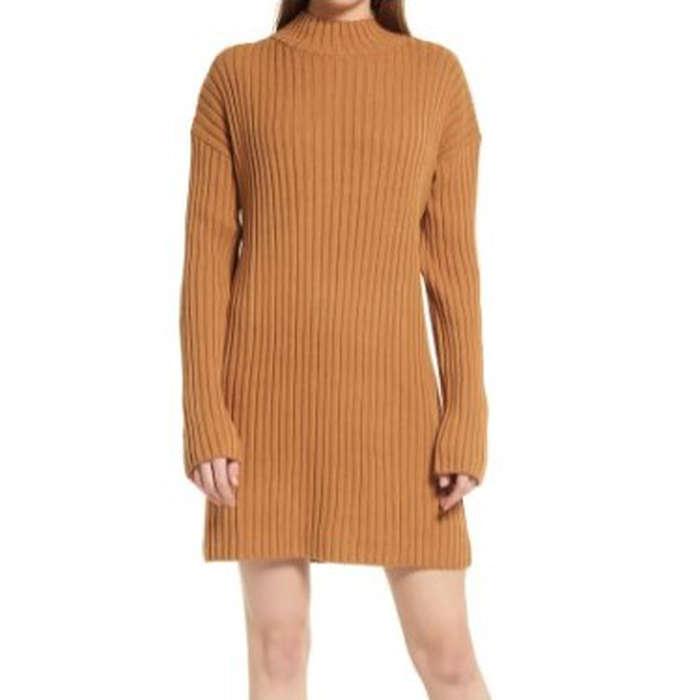 BP Mock Neck Long Sleeve Cotton Blend Rib Sweater Dress
