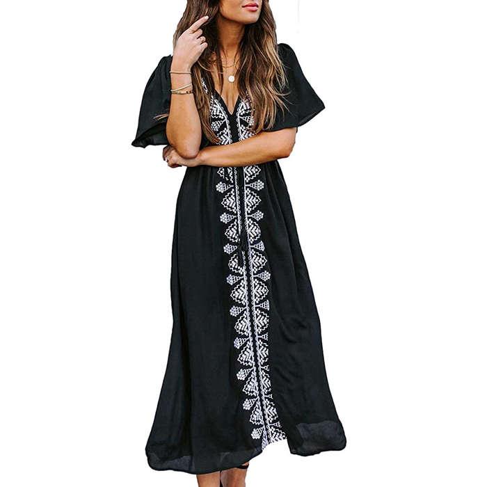 Bsubseach Black V Neck Embroidered Dress