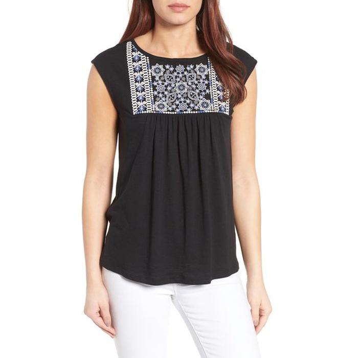 Caslon Embroidered Cap Sleeve Knit Top