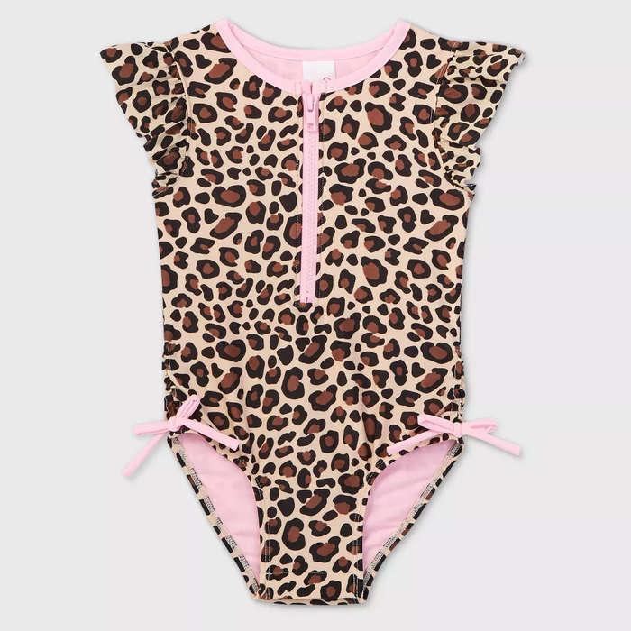 Cat & Jack Leopard Print Zip-Front Flutter Sleeve One Piece Swimsuit