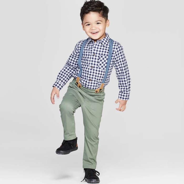 Cat & Jack Toddler Boys' 3pc Gingham Shirt and Chinos Suspenders Set