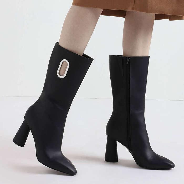 Charles & Keith Eyelet Detail Cylindrical Heel Calf Boots