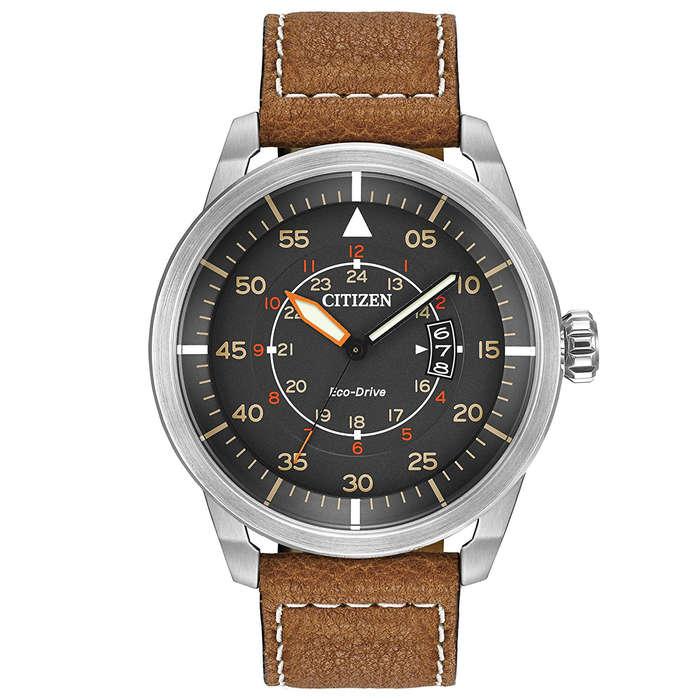Citizen Eco-Drive Stainless Steel Watch with Brown Leather Strap