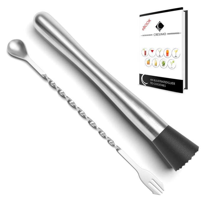Cresimo 10-Inch Stainless Steel Cocktail Muddler and Mixing Spoon with Cocktail Recipes