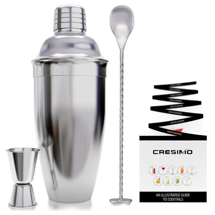 Cresimo 24-Ounce Stainless Steel Martini Cocktail Shaker and Jigger with Cocktail Recipes EBook