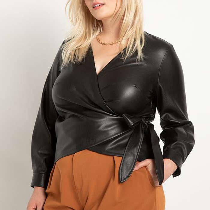 Eloquii Faux Leather Wrap Top