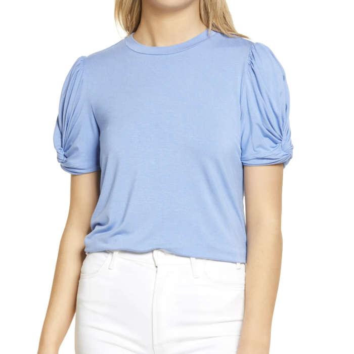 English Factory Twisted Sleeve Stretch Knit Top