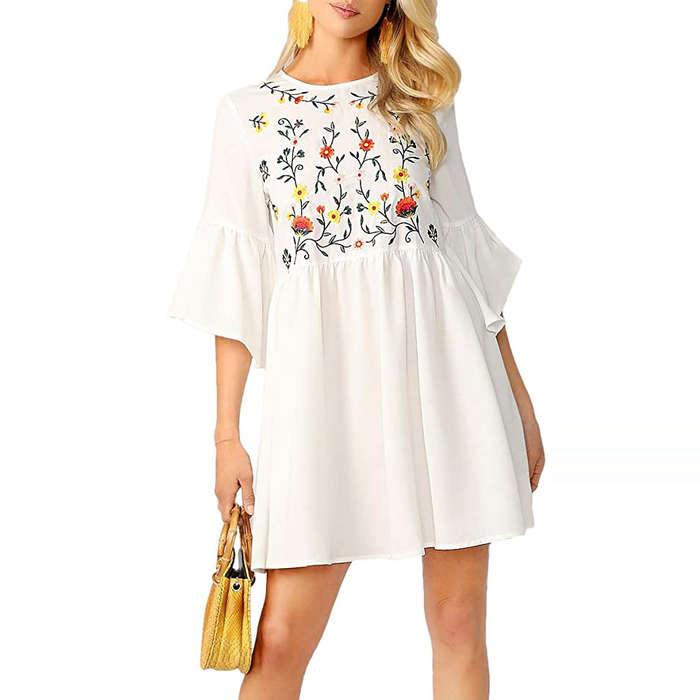 Floerns Embroidered Floral Bell Sleeve A Line Tunic Dress