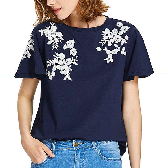 Floerns Flower Embroidered Flutter Short Sleeve T-Shirt