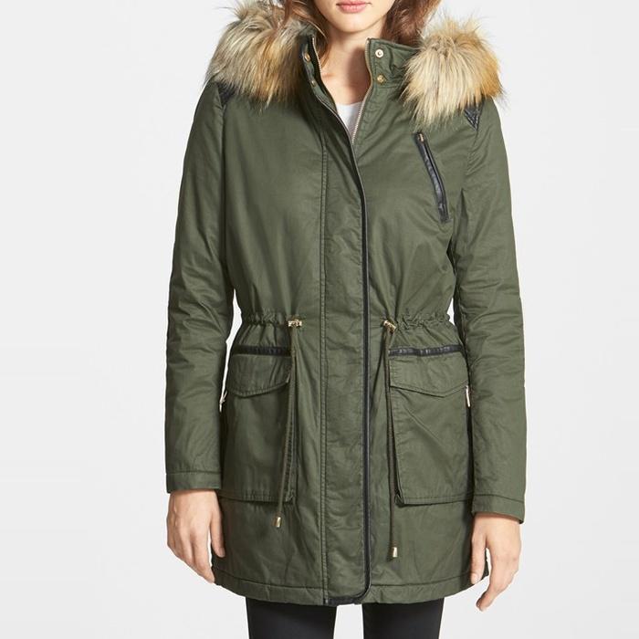 French Connection Faux Fur & Leather Trim Anorak Parka