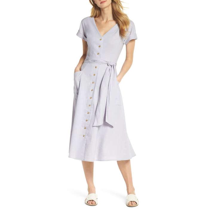 Gal Meets Glam Collection Vanessa Button Front Linen Blend Midi Dress