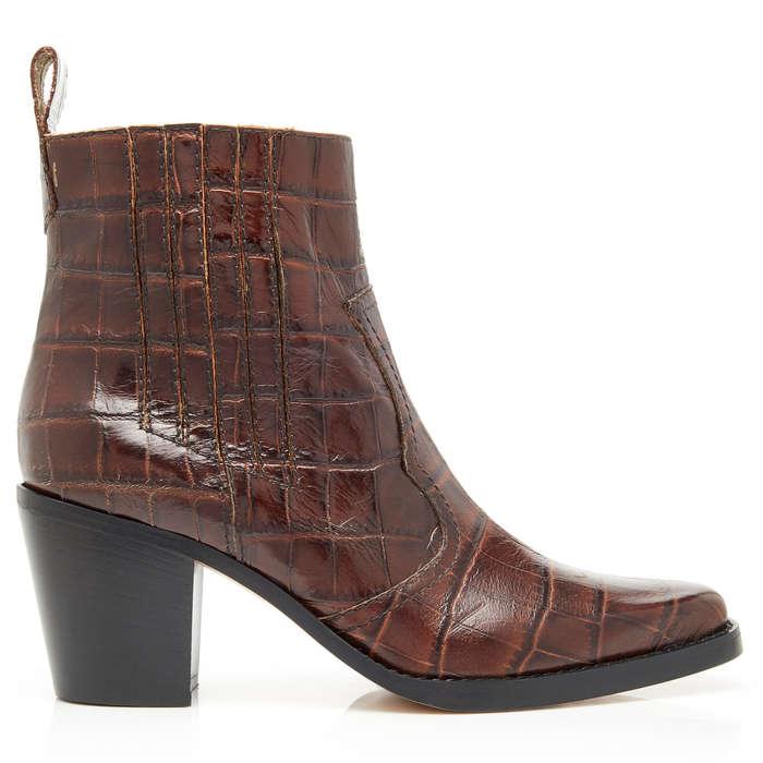 Ganni Croc-Effect Leather Ankle Boots