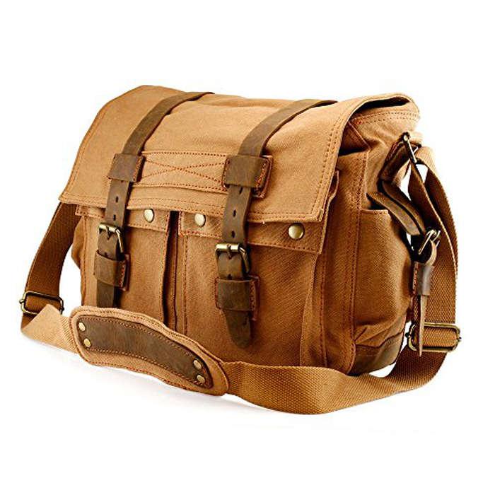 Gearonic Vintage Canvas and Leather School Military Messenger Bag