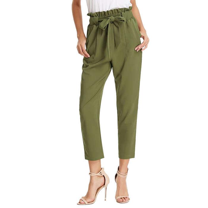 Grace Karin Slim Casual Cropped Paper Bag Waist Pants with Pockets