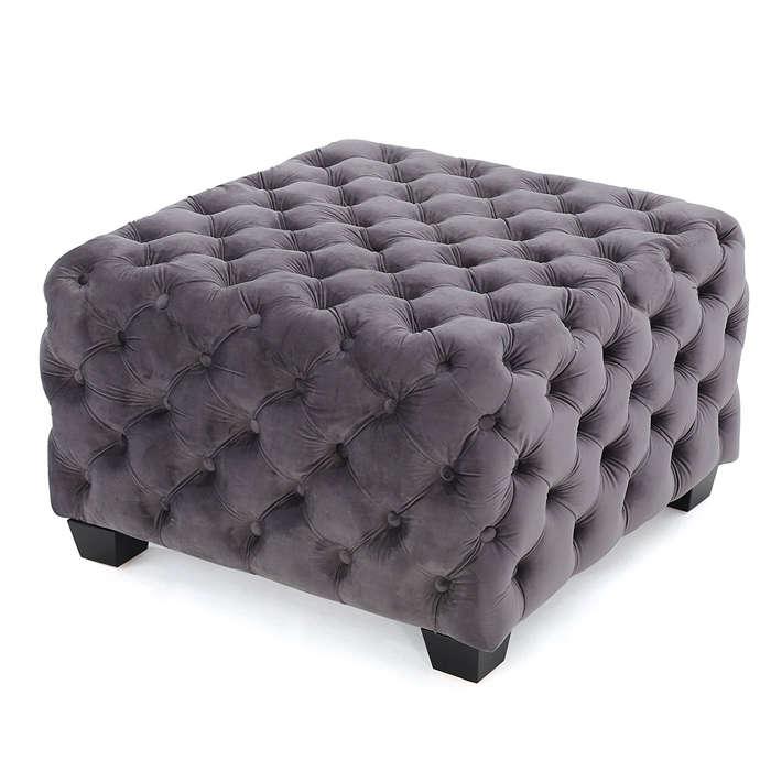 Great Deal Furniture Provence Dark Grey Tufted New Velvet Round Ottoman
