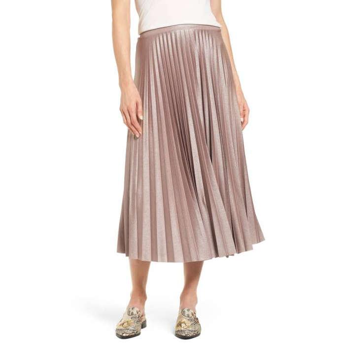 Halogen Metallic Pleat Midi Skirt