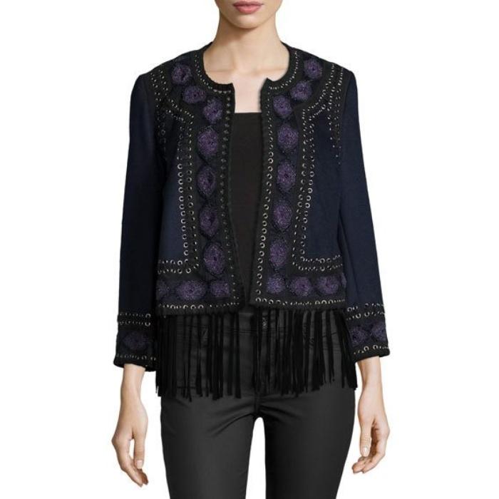 Haute Hippie Embroidered Suede-Trim Wool Coat