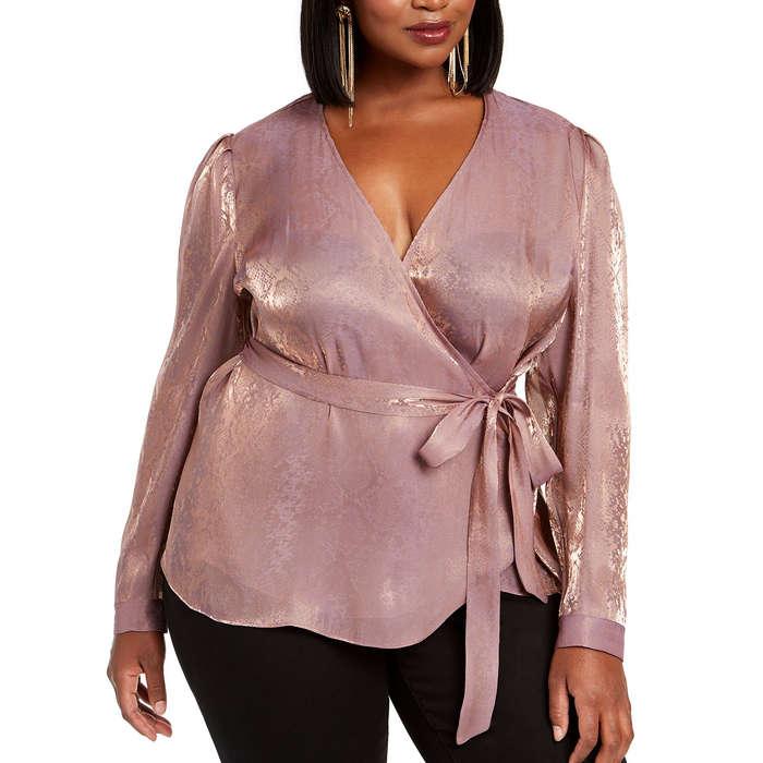 INC International Concepts Plus Size Snake-Embossed Faux-Wrap Top